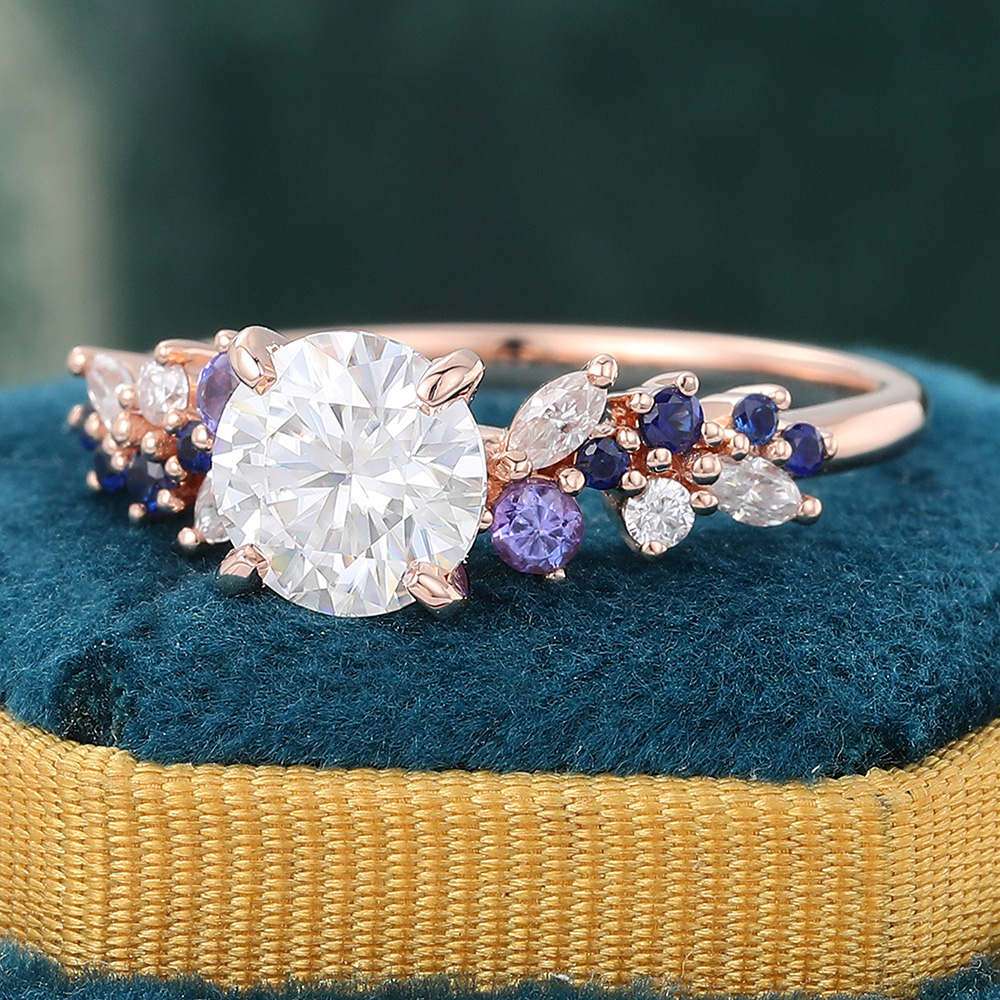 Juyoyo Round Cut Moissanite Engagement Ring Diamond Tanzanite Sapphire Cluster Ring Rose Gold