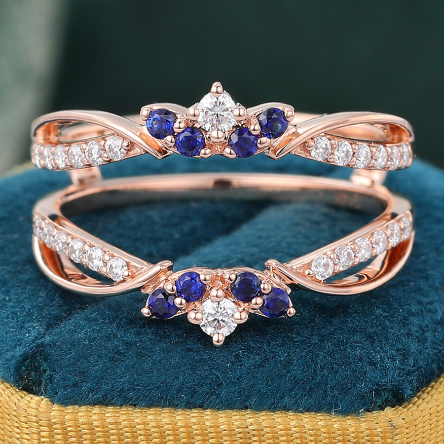 Rose Gold Sapphire and Moissanite Crown Wedding Band Double Curved Band