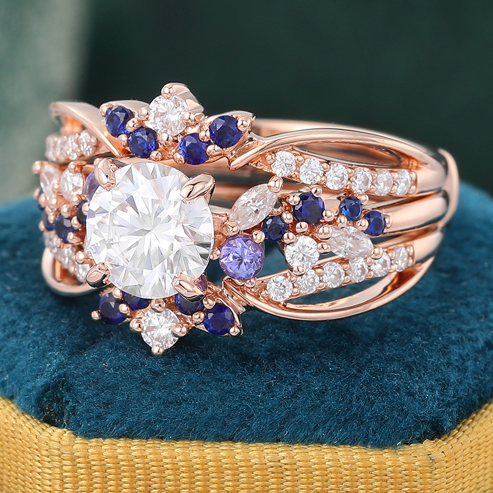 Juyoyo Round Cut Moissanite Bridal Ring Set Unique Crown Double Bands Vintage Engagement Ring