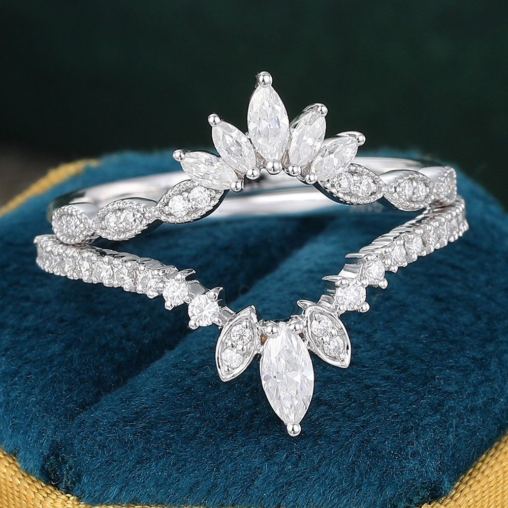 Juyoyo Unique Moissanite Double Curved Wedding Band Anniversary Stacking Ring for Women - 2pcs