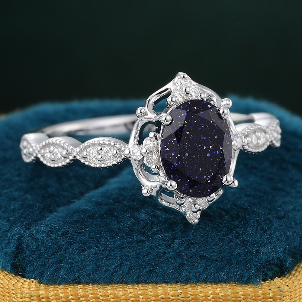 Blue Sand Stone Engagement Ring Vintage Wedding Ring for Women