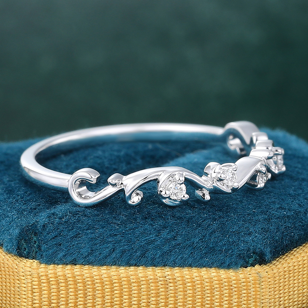 Juyoyo 14K White Gold Round Cut Moissanite Wedding Band Wave Stackable Promise Ring