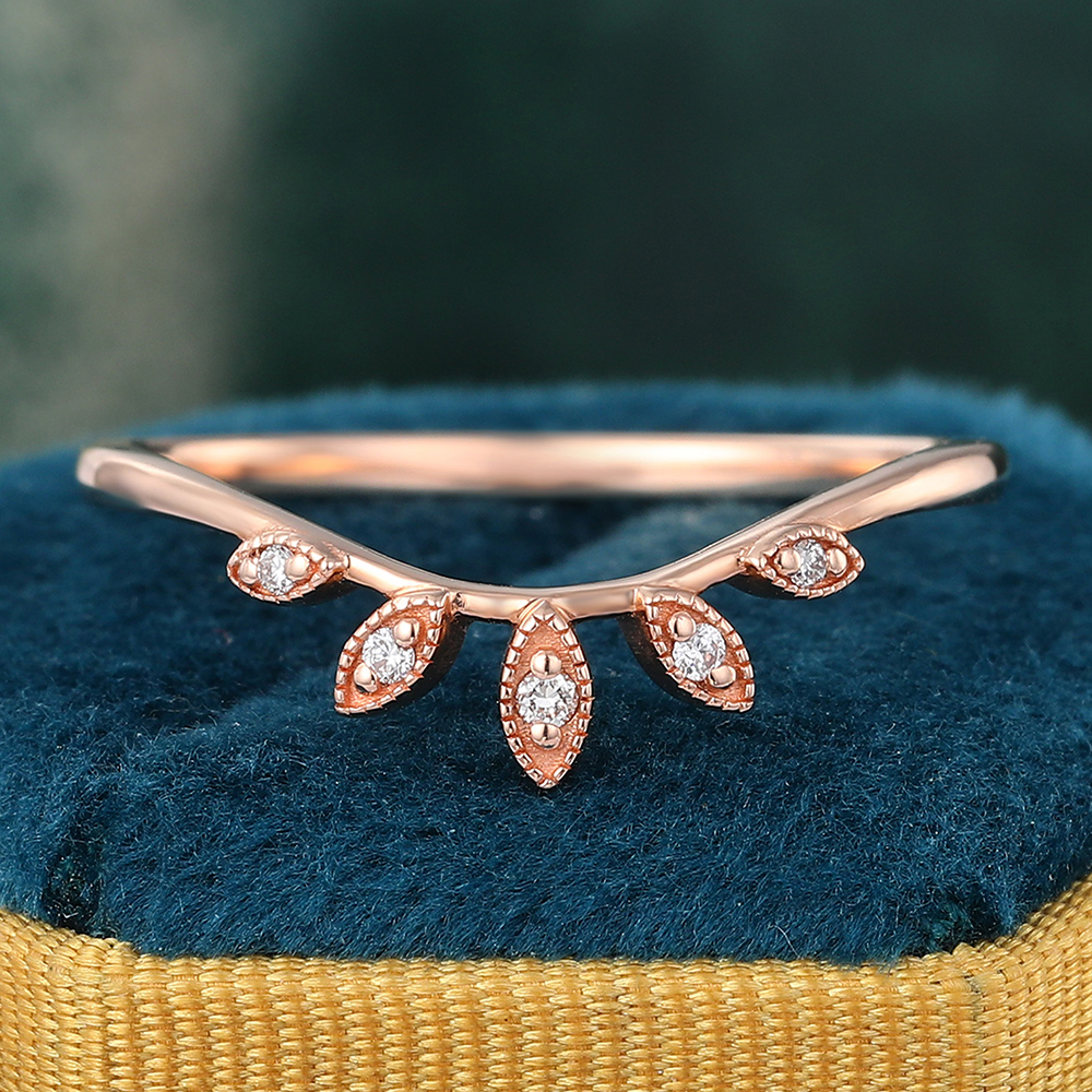 Juyoyo Nature Inspired Rose Gold Curved Moissanite Wedding Band Leaf Ring Stacking Matching Ring