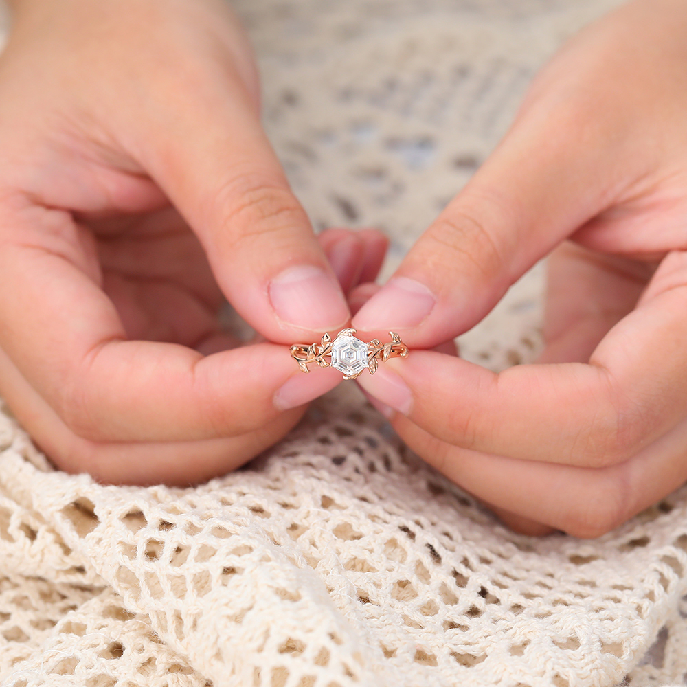 Juyoyo Hexagon Cut Moissanite Engagement Ring Rose Gold Nature Inspired Bridal Ring