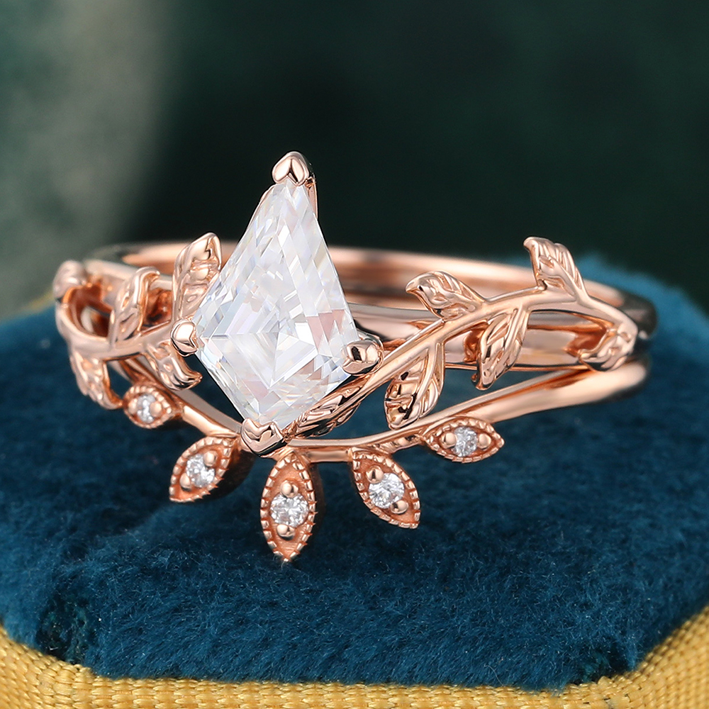 Juyoyo Vintage Moissanite Bridal Ring Set Rose Gold Nature Inspired Engagement Ring Set - 2pcs