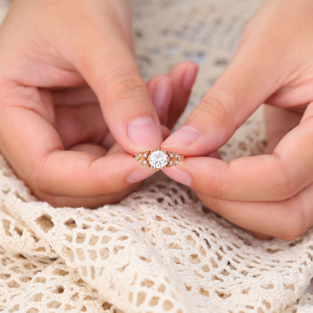 Juyoyo Round Cut Moissanite Engagement Ring Nature Inspired Antique Navette Diamond Ring