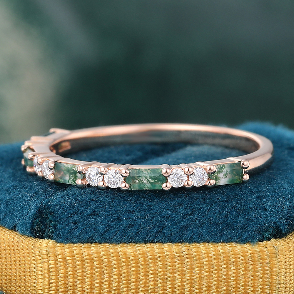Juyoyo Simple Baguette Moss Agate and Round Moissanite Anniversary Wedding Band