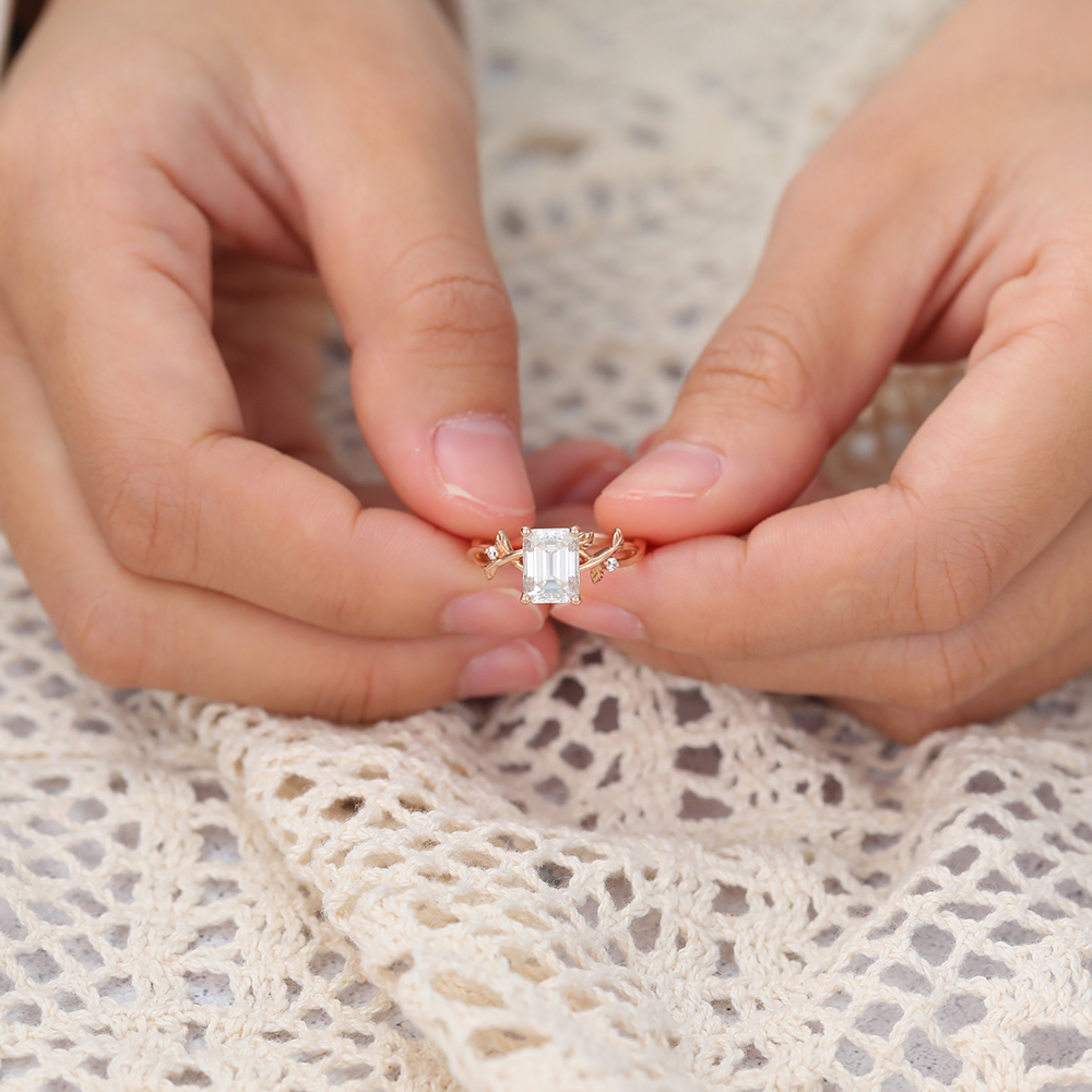 Juyoyo Emerald Cut Moissanite Nature Inspired Ring Three Stone Engagement Ring for Women