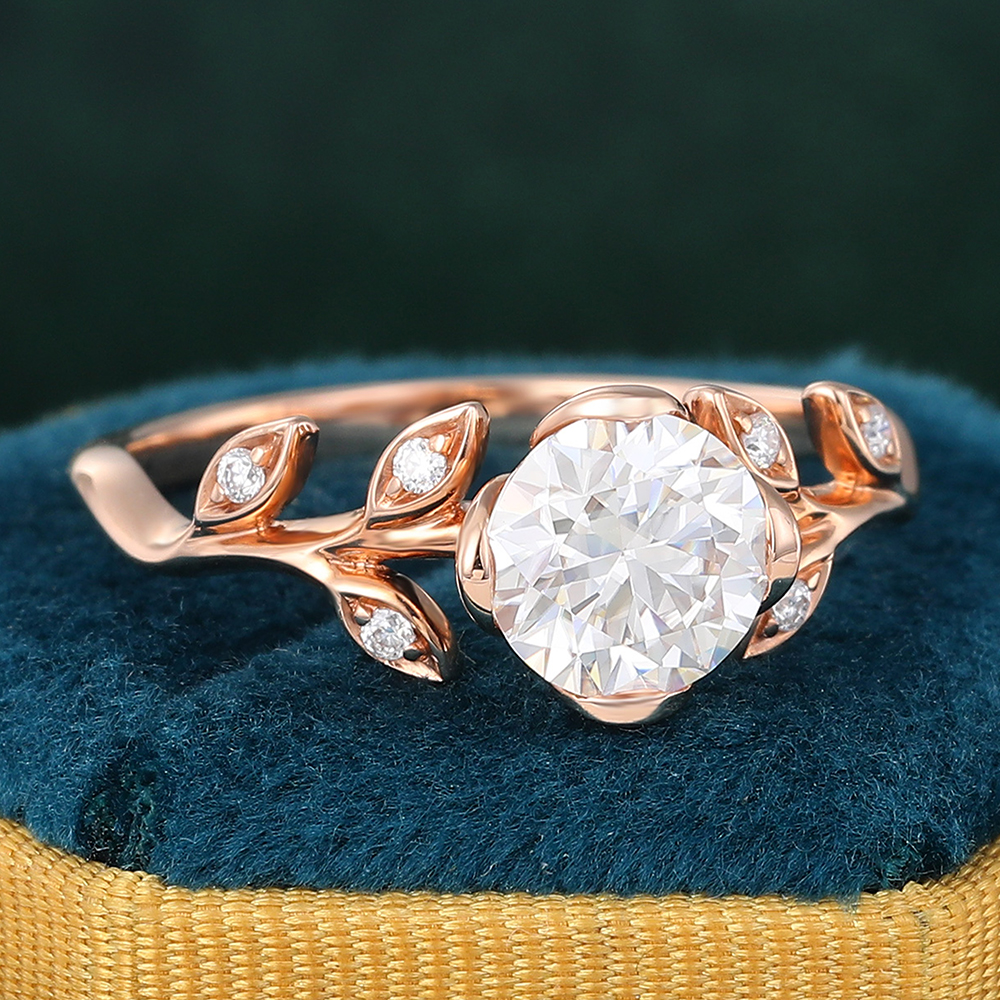 Juyoyo Round Cut Moissanite Engagement Ring Leaf Nature Inspired Diamond Ring 14K Rose Gold
