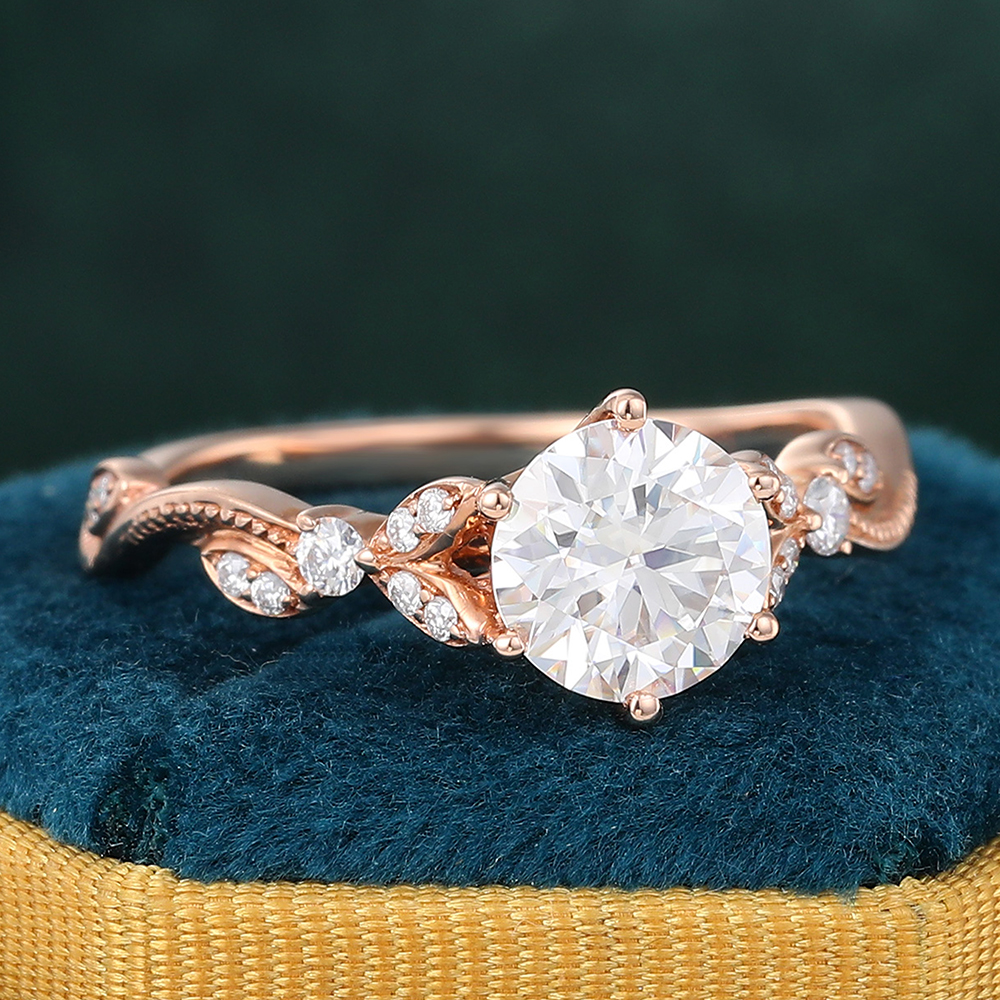 Juyoyo 14K Rose Gold Round Moissanite Engagement Ring Vintage Twisted Diamond Ring for Women