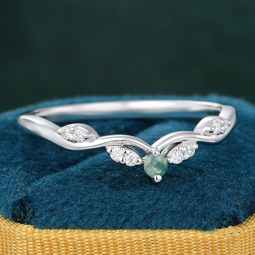 Juyoyo Unique Moissanite & Moss Agate Curved Anniversary Wedding Band Stacking Wedding Band