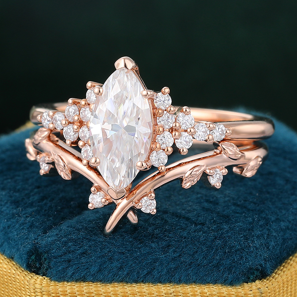 Juyoyo Marquise Cut Moissanite Bridal Ring Set Vintage Rose Gold Cluster Engagement Ring Set - 2pcs