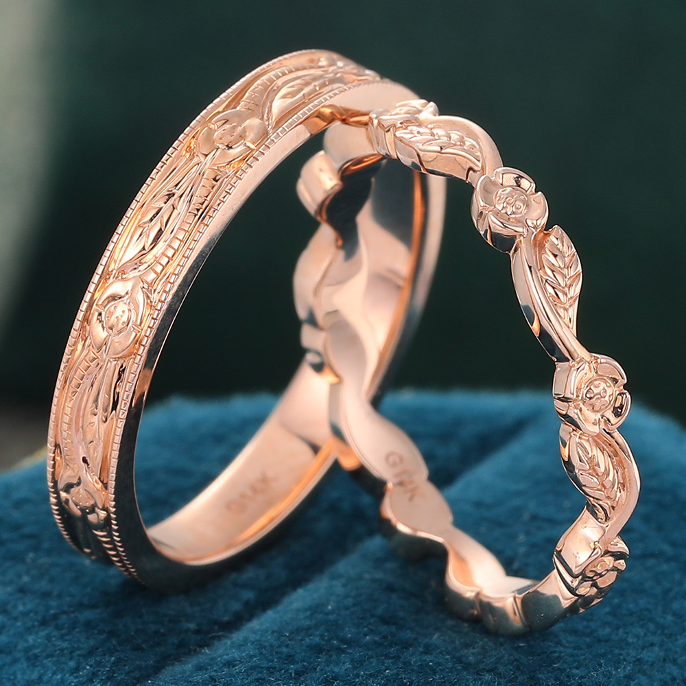 Juyoyo Vintage Rose Gold Double Wedding Band Foliage Stacking Anniversary Rings for Women - 2pcs
