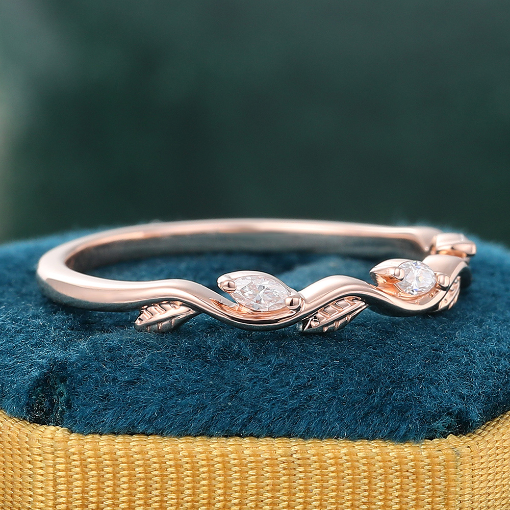 Juyoyo Nature Inspired Moissanite Wedding Band Leaf Stacking Ring