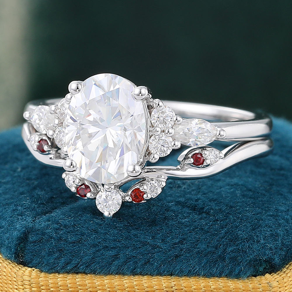 Juyoyo Oval Moissanite and Diamond Bridal Ring Set Cluster Ring Set Garnet Wedding Band Set - 2pcs