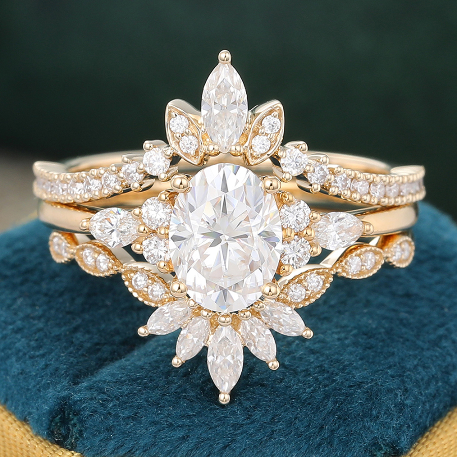 Luxury Oval Cut Moissanite Bridal Ring Set 14K Gold Diamond Milgrain Wedding Ring Set - 3pcs