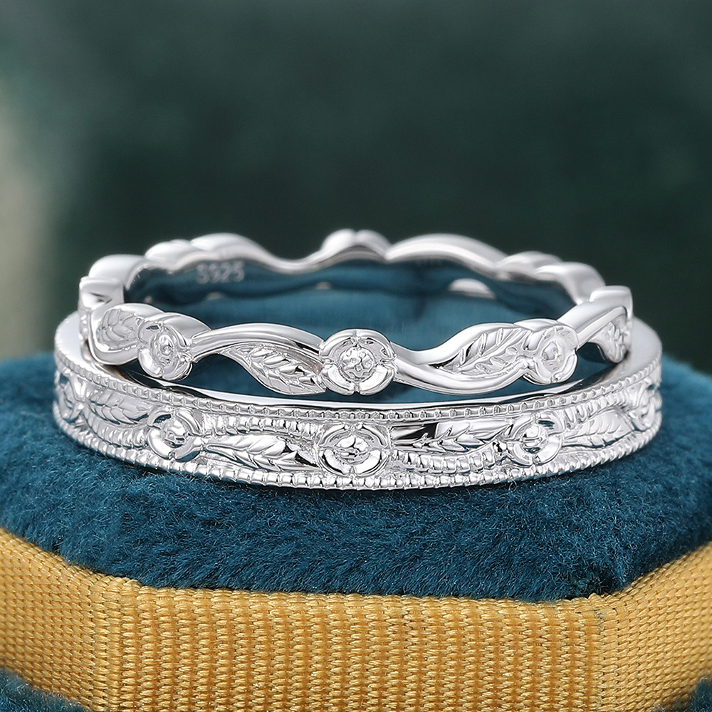 Juyoyo Vintage White Gold Double Wedding Band Foliage Stacking Anniversary Rings for Women - 2pcs