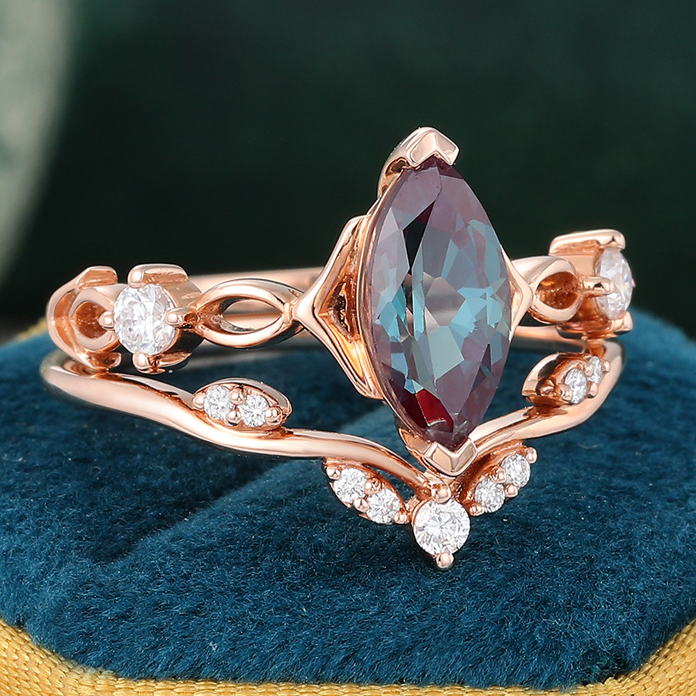 Juyoyo Marquise Cut Alexandrite Bridal Set Vintage Engagement Ring Rose Gold
