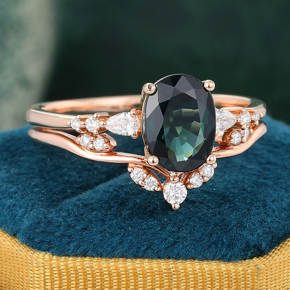 Oval Cut Green Blue Sapphire Bridal Ring Set