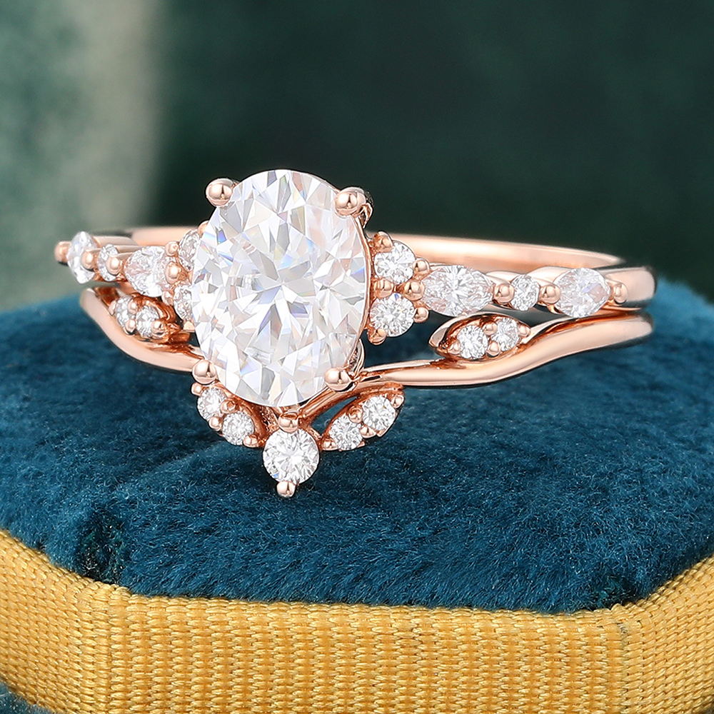Juyoyo Oval Moissanite Engagement Ring Set Vintage 14K Rose Gold Bridal Ring Set - 2pcs