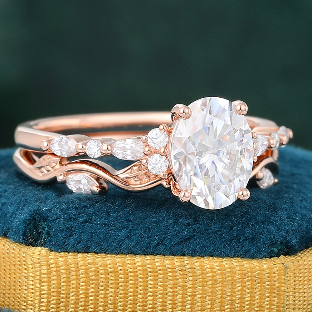 Juyoyo Oval Moissanite Bridal Ring Set Vintage Wedding Ring Set Inspired by Nature - 2pcs