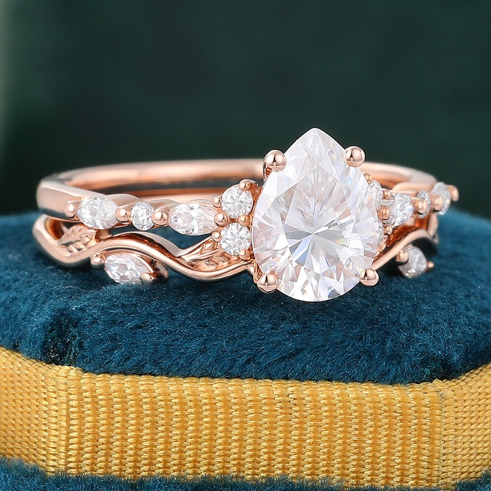 Juyoyo Pear Shaped Moissanite Engagement Ring Set Vintage Wedding Ring Set Inspired by Nature - 2pcs