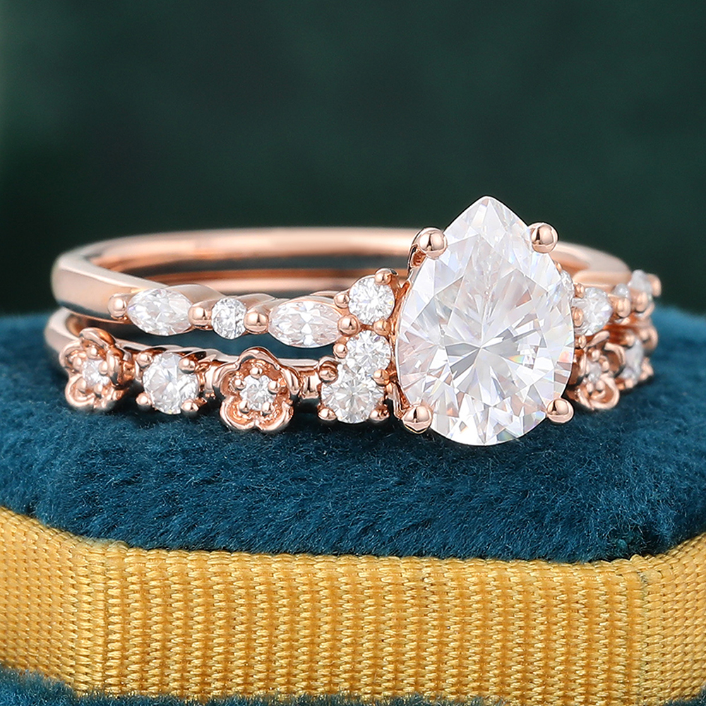 Juyoyo Pear Shaped Moissanite Engagement Ring Vintage Nature Inspired Wedding Ring Set - 2pcs