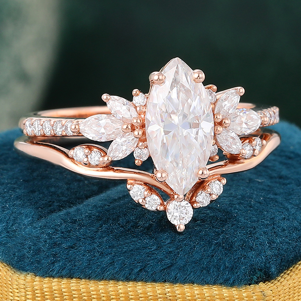 Juyoyo Marquise Cut Moissanite Wing Bridal Ring Set 14K Rose Gold Wedding Anniversary Ring - 2pcs