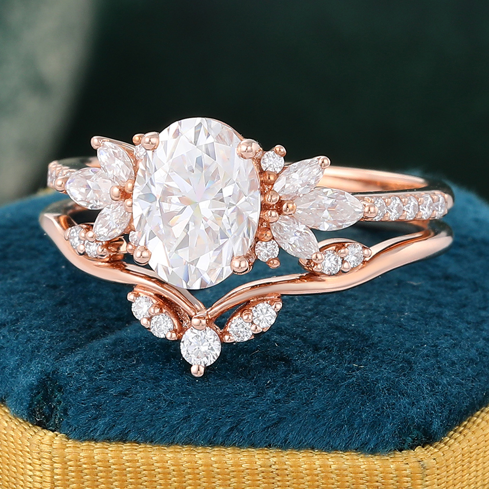 Juyoyo Oval Moissanite Engagement Ring Set Rose Gold Vintage Diamond Bridal Ring Set Women - 2pcs
