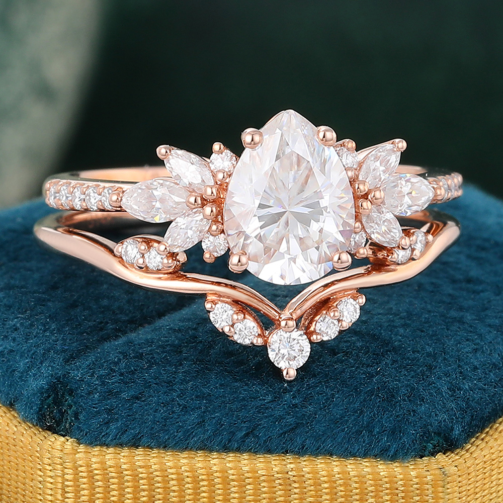 Juyoyo Pear Shaped Moissanite Wings Bridal Ring Set Diamond Accented Engagement Ring Set - 2pcs
