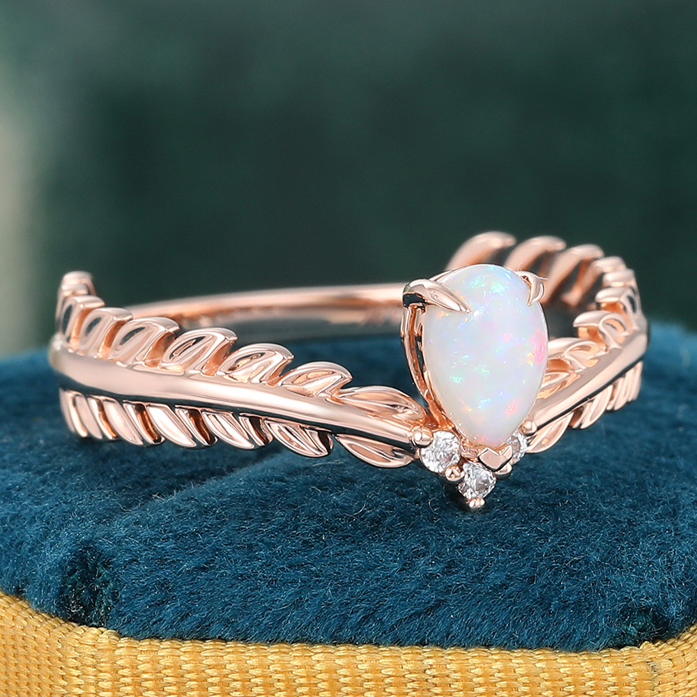 Juyoyo Signature V Teardrop Opal Leaf Inspired Engagement Ring with Diamond Accents