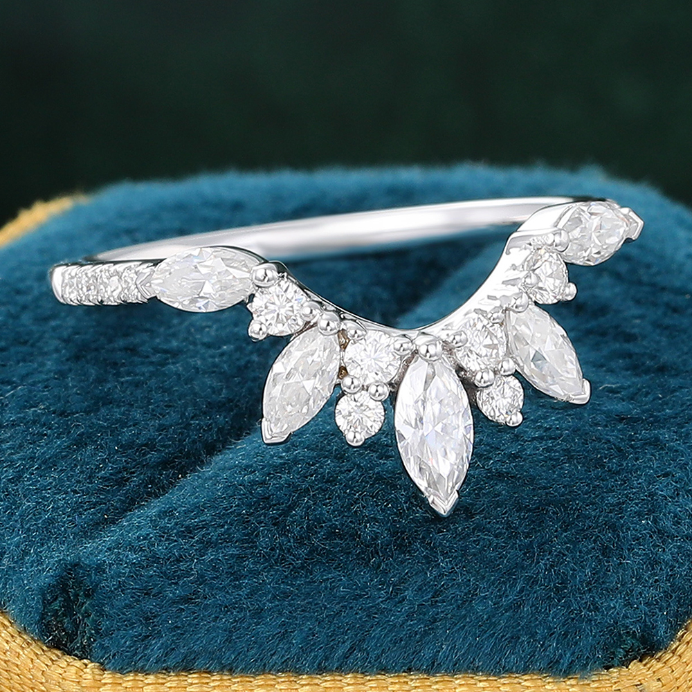 Juyoyo Marquise & Round Cut Moissanite Curved Wedding Band Matching Stacking Ring 14K White Gold