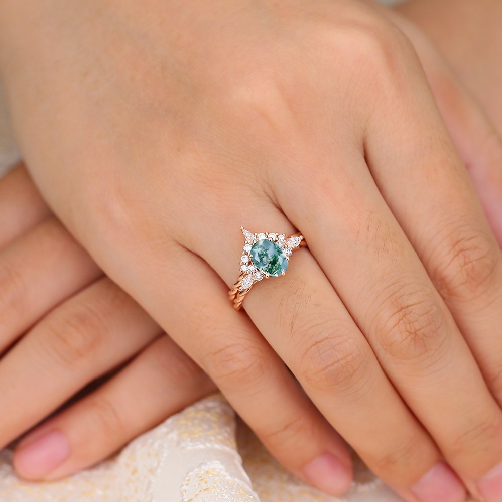 Juyoyo Unique Oval Cut Moss Agate Twisted Engagement Ring Set - 2pcs Bridal Set