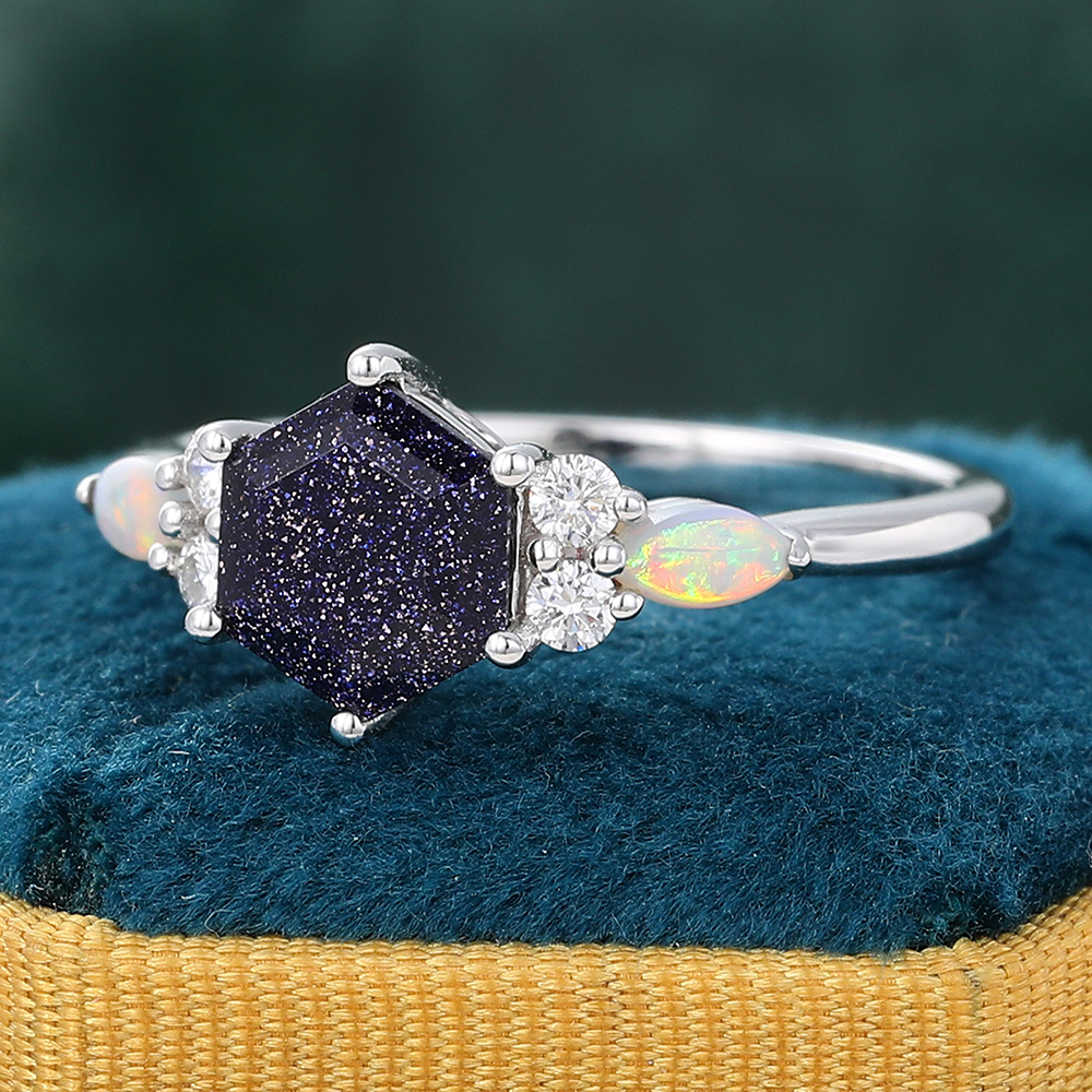 Juyoyo Hexagon Cut Blue Sandstone Engagement Ring Vintage Opal Wedding Ring
