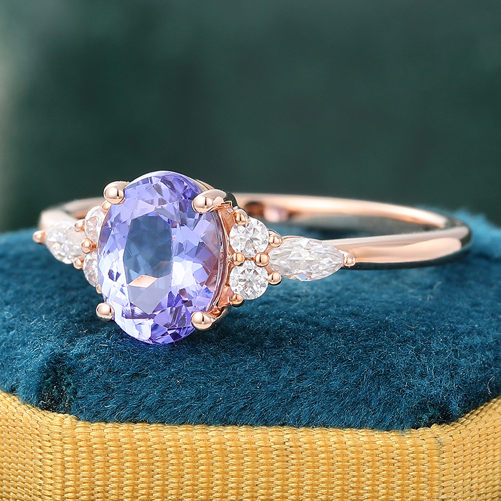 Juyoyo Oval Cut Tanzanite Engagement Ring Diamond Cluster December Birthstone Ring Rose Gold