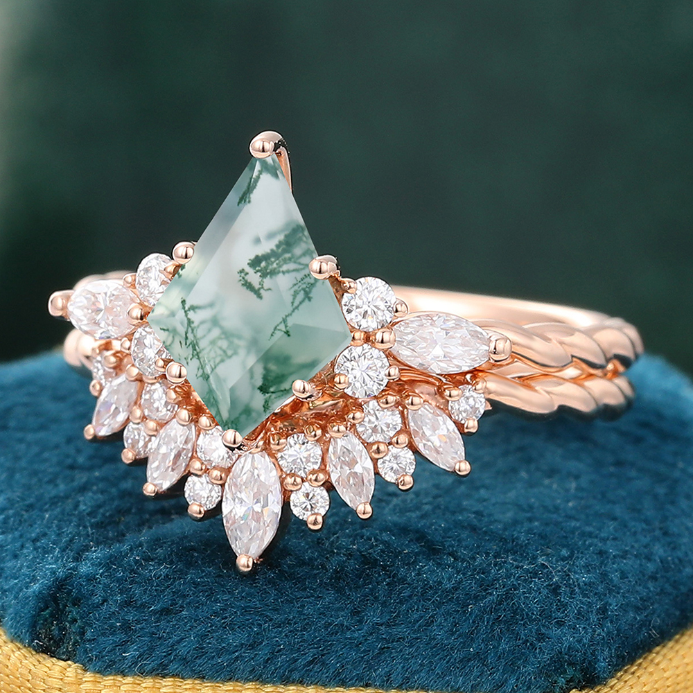 2 Piece Kite Cut Moss Agate & Moissanite Bridal Twisted Ring Set