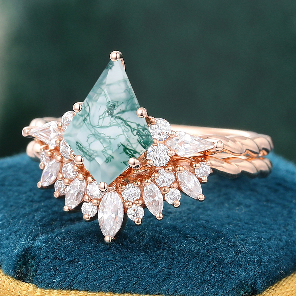 Juyoyo Kite Cut Moss Agate Wedding Ring Set Unique Twisted Engagement Ring Set 14K Rose Gold - 2pcs