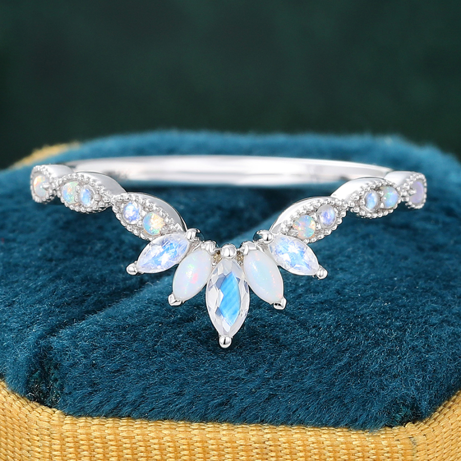 Marquise Cut Moonstone & Opal Crown Wedding Band Curved Stacking Ring