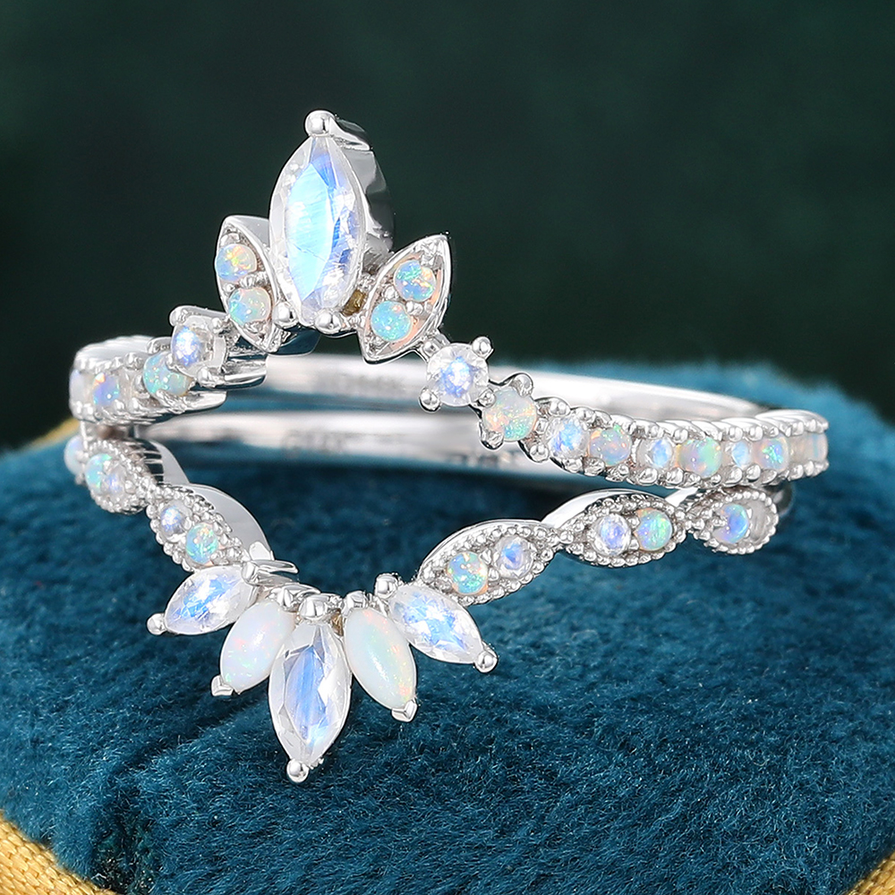 Juyoyo Unique Double Moonstone Crown Wedding Band Curved Stacking Ring - 2pcs