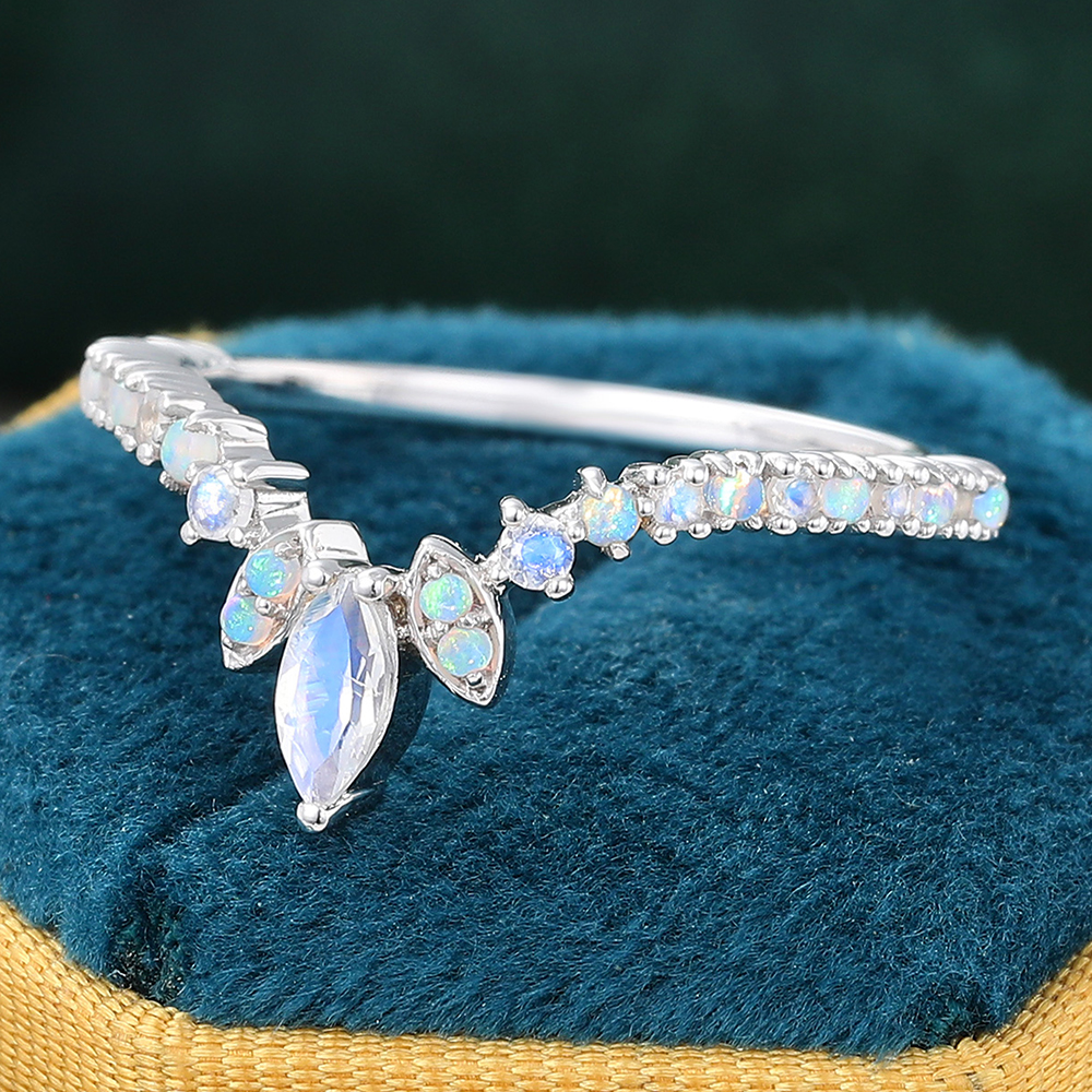 Juyoyo Dainty Moonstone Curved Crown Stacking Ring with Milgrain Details