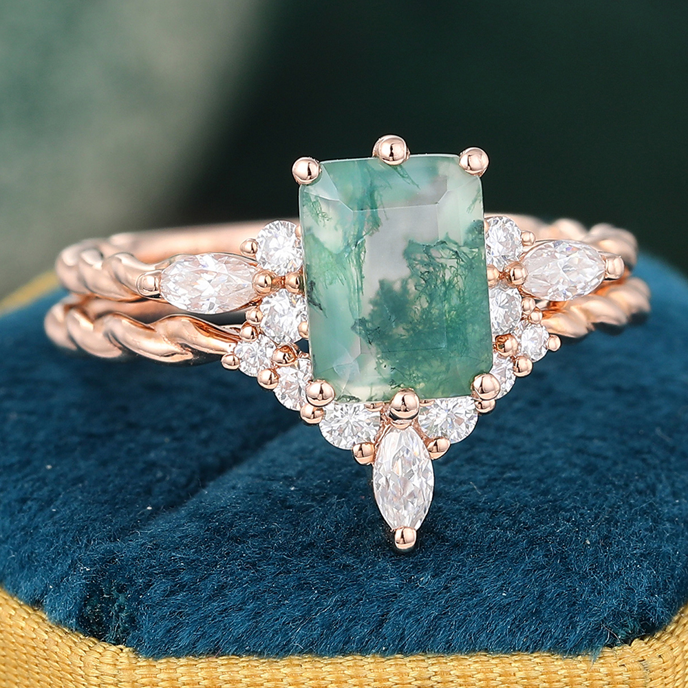 Juyoyo Emerald Cut Moss Agate & Moissanite Accents Ring Set Twisted Engagement Ring - 2pcs