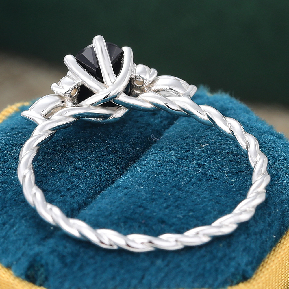 Oval Cut Black Onyx Ring Twisted Engagement Ring with Moissanite Accents in White Gold