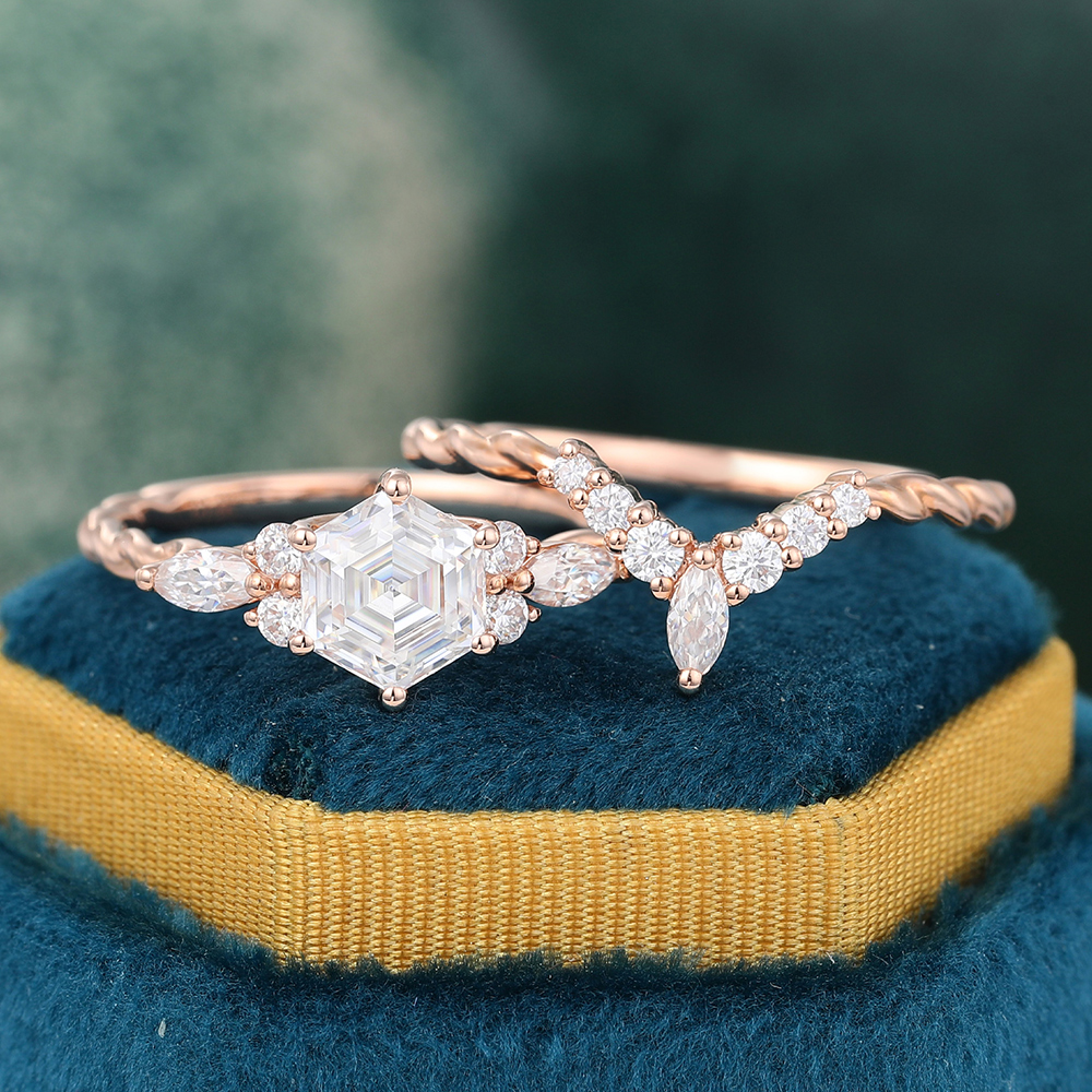 Hexagon Cut Moissanite Twisted Band Engagement Ring Bridal Ring Set - 2pcs