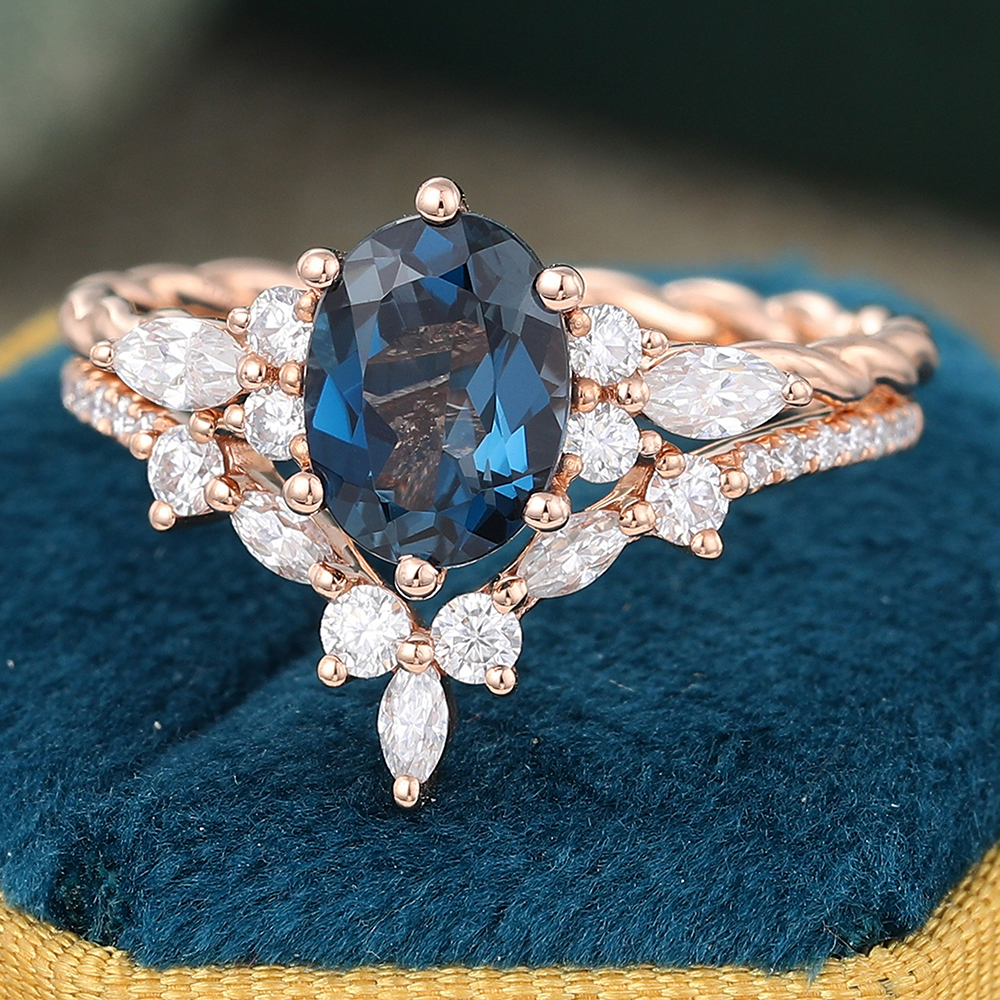 Juyoyo Oval London Blue Topaz Engagement Ring Set Vintage Twisted Wedding Band Rose Gold