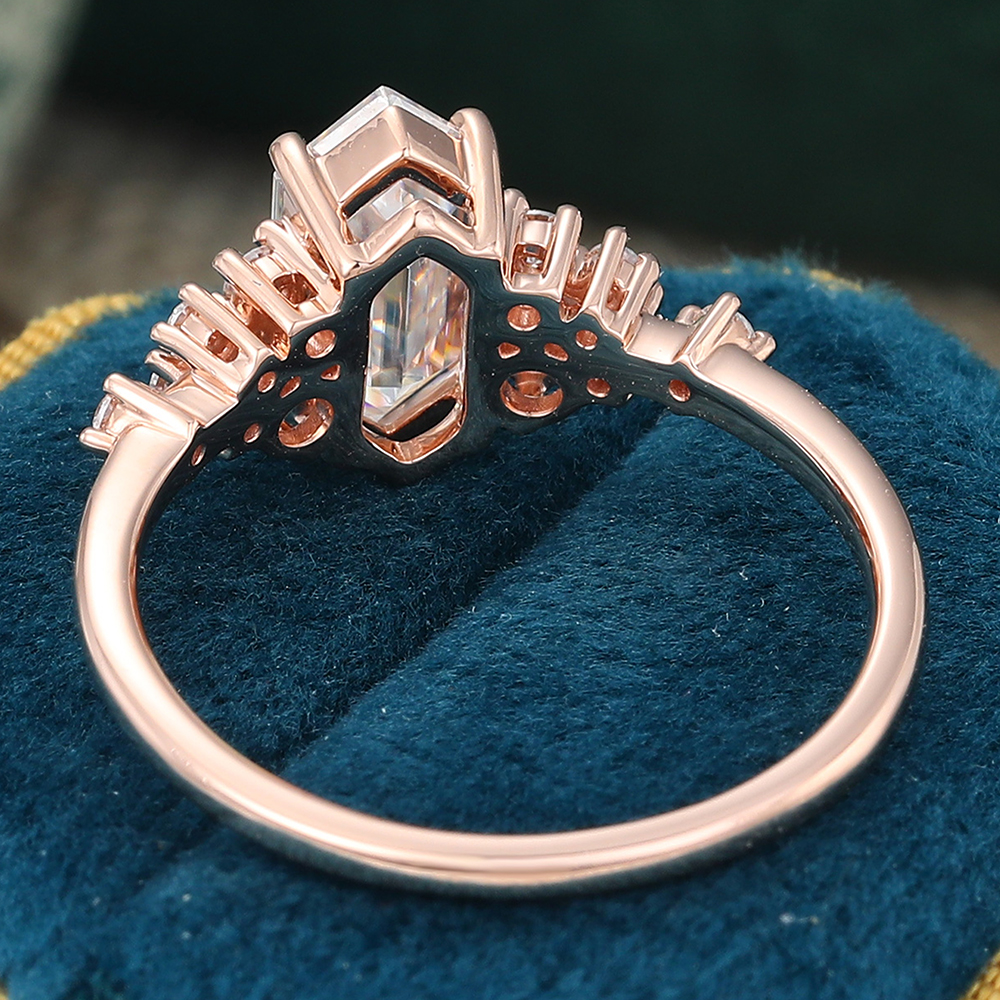 Juyoyo Long Hexagon Moissanite Engagement Ring with Diamonds Cluster Bridal Ring for Women