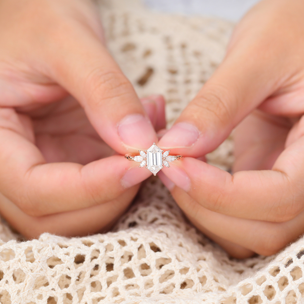 Juyoyo Prong Setting Long Hexagon Cut Moissanite Twisted Engagement Ring Anniversary Promise Ring