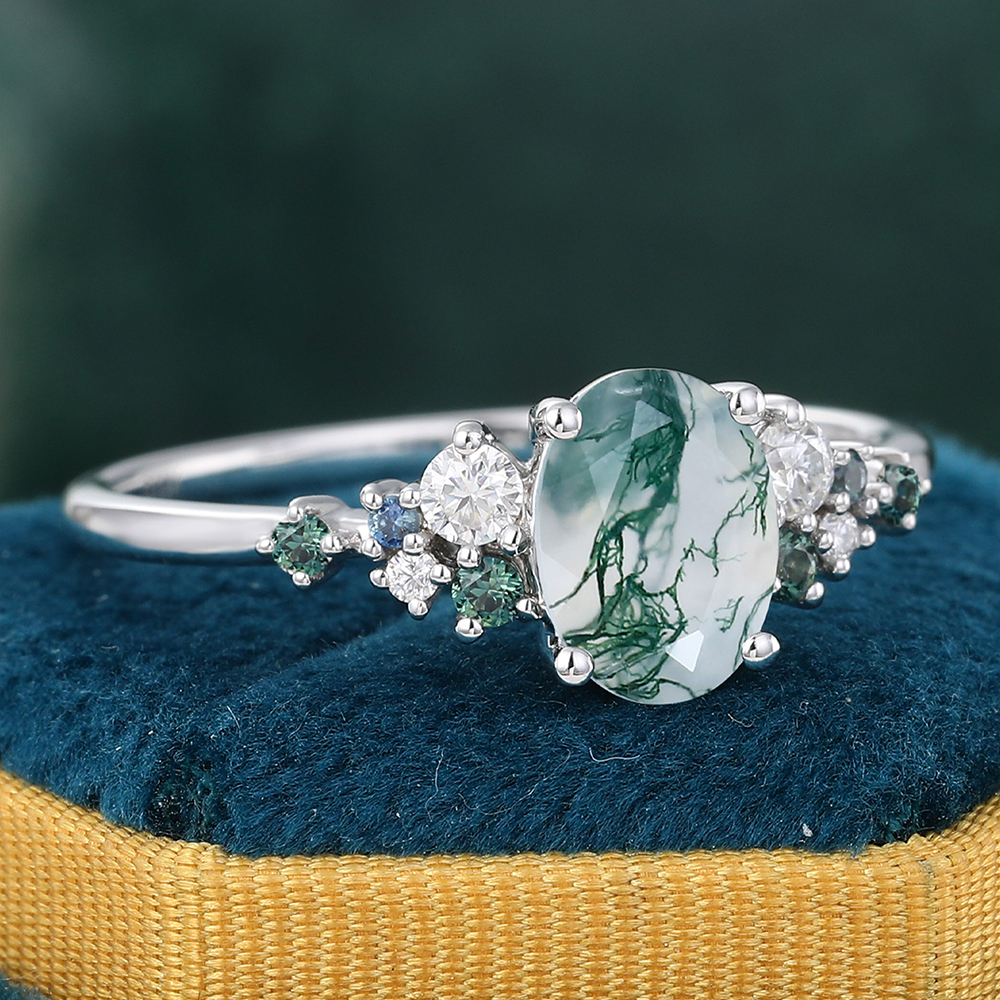 Juyoyo Oval Moss Agate Engagement Ring Multi Gemstone Cluster Ring
