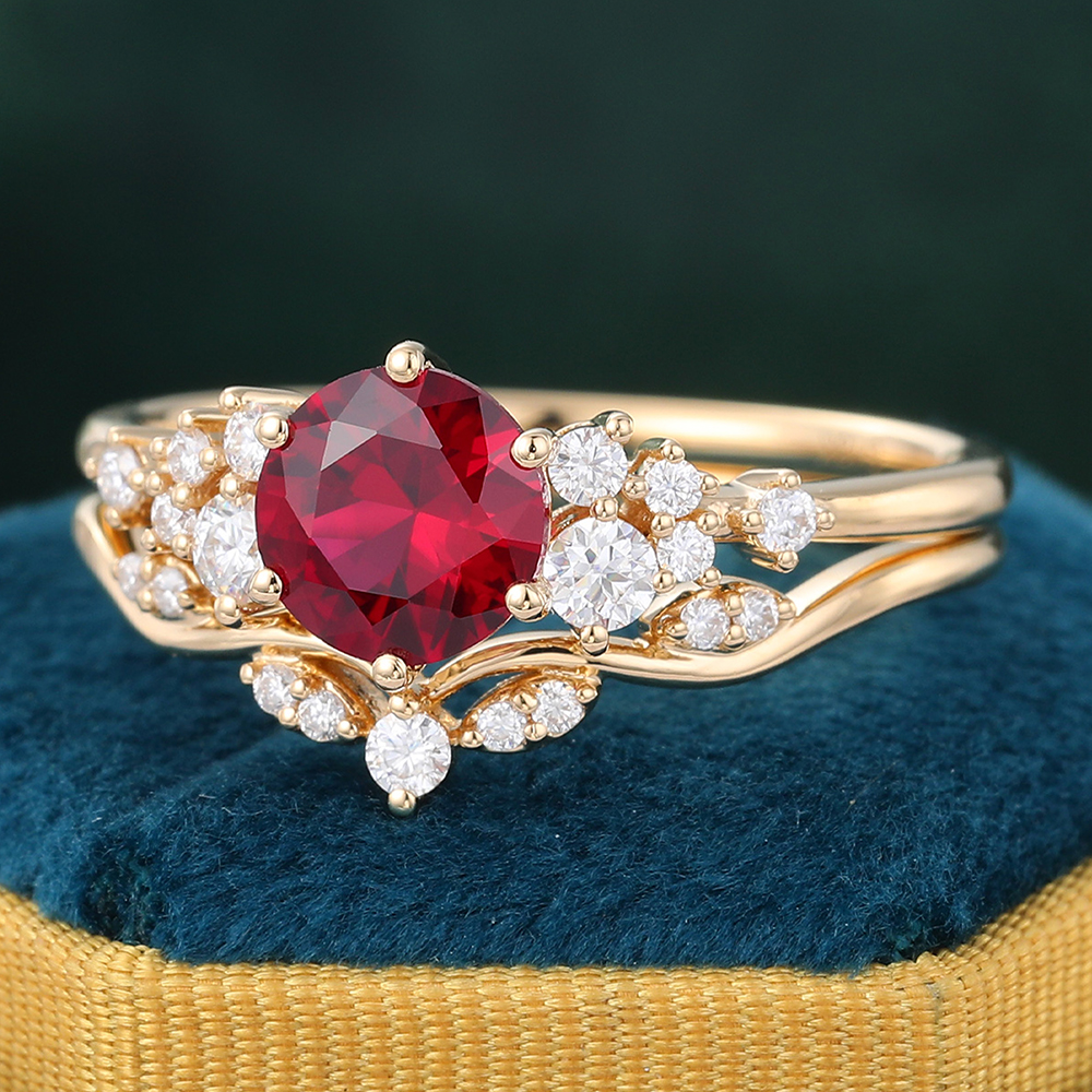Juyoyo Vintage Ruby & Diamond Engagement Ring Set for Women Yellow Gold Bridal Ring Set - 2pcs