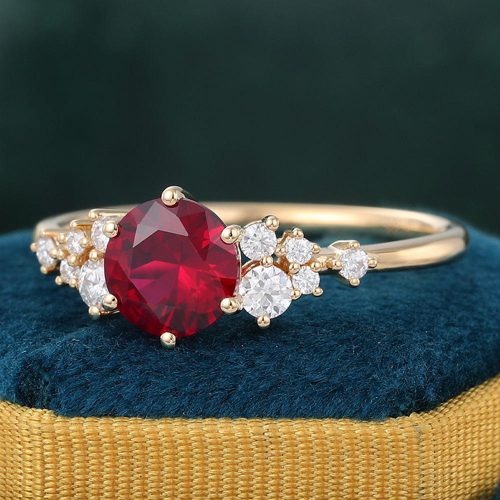 Juyoyo Round Cut Ruby Engagement Ring 14K Gold Diamond Cluster Bridal Ring for Women
