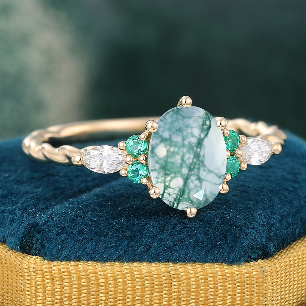 Juyoyo Oval Moss Agate Twisted Engagement Ring with Emerald & Diamond Accents